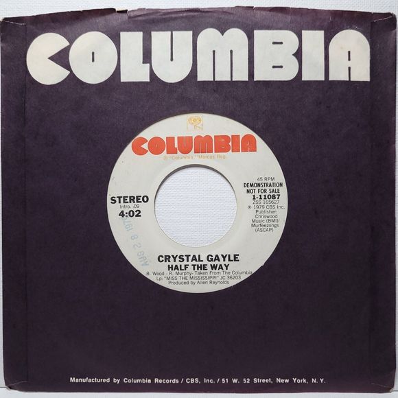 Crystal Gayle Vinyl 45 Promo Half The Way on Columbia VG Country - Picture 2 of 2